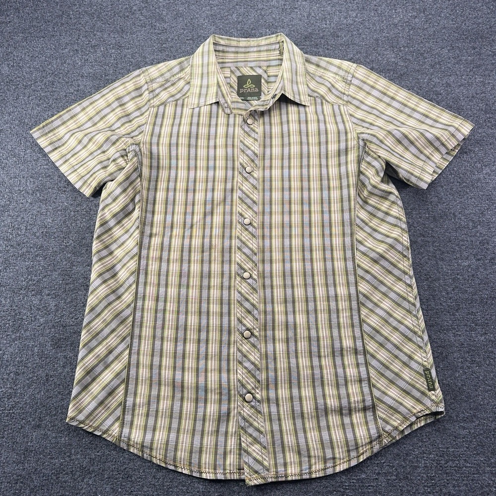Prana Mens Small Plaid Short Sleeve Snap Up Shirt Brown Teal Organic Cotton